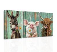 ZXHYWYM3 Piece Farm Animal Wall Art Funny Highland Cow Donkey Pig Painting Animal and Flower Pictures Farmhouse Canvas Prints Home Decor Framed (30x40cmx3)