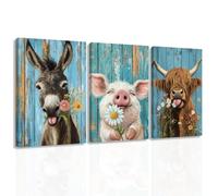 ZXHYWYM3 Piece Farm Animal Wall Art Funny Highland Cow Donkey Pig Painting Animal and Flower Pictures Farmhouse Canvas Prints Home Decor Framed (30x40cmx3)