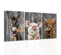 ZXHYWYM3 Piece Farm Animal Wall Art Funny Highland Cow Donkey Pig Painting Animal and Flower Pictures Farmhouse Canvas Prints Home Decor Framed (40x60cmx3)