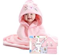 ZXK CO Hooded Baby Towel with Cat Hood, Absorbent Flannel Baby Blanket Set with Muslin Squares, New Born Essentials, Personalised Newborn Gift(Pink)