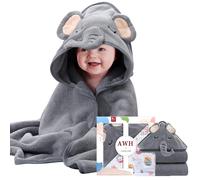 ZXK CO Hooded Baby Towel with Elephant Hood, Absorbent Flannel Baby Blanket Set with Muslin Squares, New Born Essentials, Personalised Newborn Gift (