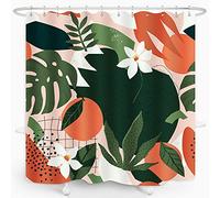ZXMBF Abstract Orange Floral Shower Curtain Nature Plant Fruit Flower Tropical Plam Leaves Shapes Botanical Artwork Bathroom Décor Waterproof Polyester Fabric 60x72 Inch 12PCS Plastic Hooks