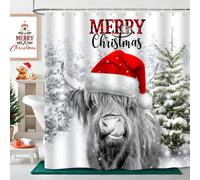ZXMBF Merry Christmas Cow Shower Curtain Funny Cute Highland Cattle Winter Forest Snow Pine Tree Snowflake Natural Scene Home Bathroom Decor Waterproof Fabric 72Lx72W Inch with Plastic 12PCS Hooks