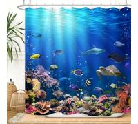 ZXMBF Ocean Underwater World Shower Curtain Colorful Tropical Fishes Turtle Coral in The Deep Sea Home Décor Waterproof Fabric 72x72 Inch Blue Plastic Hooks 12PCS