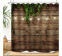 ZXMBF Rustic Wooden Board Shower Curtain Green Leaves on Vintage Wood Country Life Theme Grunge Planks Barn House Door Waterproof Fabric Bathroom Decor 72x72 Inch Plastic Hooks 12PCS Wood Board