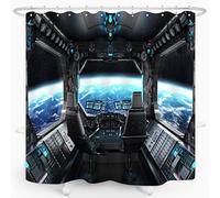 ZXMBF Spaceship Interior Shower Curtain Planet Earth Galaxy Futuristic Science Spacecraft Cabin for Kids Boy Black Home Bathroom Decor Waterproof Fabric 72Lx72W Inch with 12PCS Hooks