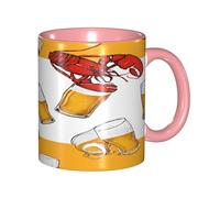 ZXMDZTSS Beer and Crawfish Pattern -Print Pink Color Ceramic Mug Microwave Safe Smooth Rim Handle for Home Office Gifts.