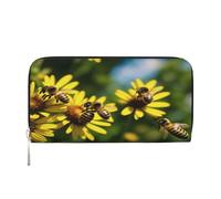 ZXMDZTSS Bees and Flower - Genuine Leather Women's Zipper Wallet with Phone Pocket - Stylish Clutch Purse for Daily Use, Travel & Gifts (7.9 in Handheld Design)