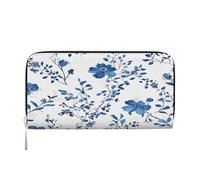 ZXMDZTSS Blue Flower Floral Pattern Roses - Genuine Leather Women's Zipper Wallet with Phone Pocket - Stylish Clutch Purse for Daily Use, Travel & Gifts (7.9 in Handheld Design)