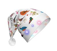 ZXMDZTSS Flowers Bunnies Birds -Print Adult Plush Light-Up Christmas Hat Led Flashing Santa Headwear Pom-Pom For Xmas Parties Events.