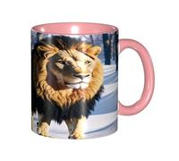 ZXMDZTSS Lions in The Snow -Print Pink Color Ceramic Mug Microwave Safe Smooth Rim Handle for Home Office Gifts.