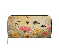 ZXMDZTSS Rural Bees Wildflowers - Genuine Leather Women's Zipper Wallet with Phone Pocket - Stylish Clutch Purse for Daily Use, Travel & Gifts (7.9 in Handheld Design)