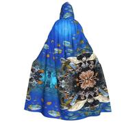 ZXMDZTSS Sea Turtle with Fishes -Print Adults Halloween Hooded Cloak | Full Print Cape | Neck-Tie Closure