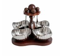 Zxpjkyu Circular Snack Serving Tray with Four Compartment Ceramic Bowls and Central Wood Pillar for Snacks Turntable Base with Polished Metal Bowl Exterior, Silver