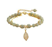 ZXQUEGF 14K Gold Jade Bracelet with Bell，Stunning Leaf Jade Bracelet for Women - Elegant Gift for Mother, Wife, Girlfriend, Large