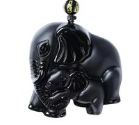 ZXQUEGF Elephant Mother and Child Black Natural Handmade Stone Carving Cute Elephant Lucky Beaded Necklace Classic Amulet Accessories