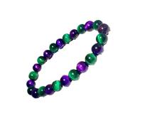 ZXQUEGF Natural Green & Purple Tiger Eye Gemstone Bracelet - Polished Round Beads, Elastic Stretch Bracelet for Men & Women, Fashion Gift Jewelry