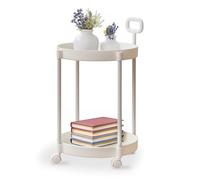 ZXQUEGF Side Table with Wheels, 2 Tier Waterproof Circle Accent Table, Accent Coffee Table Tea Table, Snack Table, Bedside Table for Nursery Bedroom Balcony Office, White