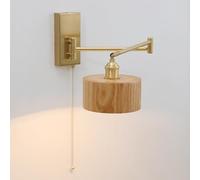ZXQUEGF Wood Swing Arm Nordic Vintage Lamp with Pull Switch, Metal Mounted Light for Bedroom Bedside, Wooden Lampshade Wall Lighting Fixture