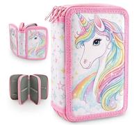 ZXShow Unicorn Pencil Case for Girls 3 Compartments Pen Bag with 55 Elastic Retaining Loops Large Cute Oxford Pencil Pouch Back to School Christmas Birthday Gift for Kids Elementary and Teen