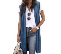 ZXZY Sleeveless Cardigans for Women Cozy Trendy Open Front Sweater Duster Long Vest, Blue, Large