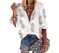 ZXZY Women Pineapple Printed Lapel Collar Half Sleeves Buttons Down Blouse Shirt - White - Large