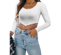 ZXZY Women Soft Ribbed Sparkly Rhinestone Fringe Long Sleeve Crop Top Cropped T Shirts, White, L