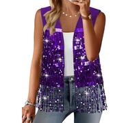 ZXZY Womens Sequin Fringe Sleeveless Vest Sparkly Lightweight Fitted Jacket Cardigan, Purple, XXL
