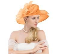 ZYACTU Women Organza Kentucky Hat Fascinator Tea Party Derby Hat Feather Wedding Church Head Ornament Sun Hats, 018-orange, One Size
