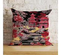 Zyadsinoudor Chinoiserie Charcoal Coral Pagoda Throw Pillowcase Dynasty Pillow Case 24x24in Decorative Pillow Home Cotton Linen Abstract Accent Pillowcase For Living Room Bed Farmhouse Patio