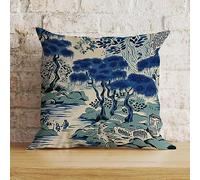 Zyadsinoudor Chinoiserie Throw Pillowcase Asian Scenic Dynasty Blue Square Cushion Cover Japanese Decorative Pillow Home Cotton Linen 22x22in Exotic Pillowcase For Sofa Couch Chair Bed Decor