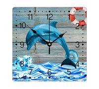 Zyadsinoudor Mid Century Dolphin Life Buoy Square PVC Wall Clock Sea Wave Wall Clock Ocean Sea Life 10in Battery Operated Vintage Nautical Frameless Clocks for Classroom Office Bedroom Home School