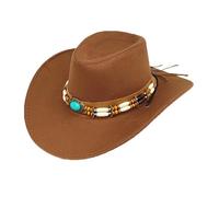 ZYAGH Ethnic Style Western Cowboy Top Hat Turquoise Horseback Riding Jazz Cap Crimped Felt Literary Retro Large Brim Sun Hats(Brown)