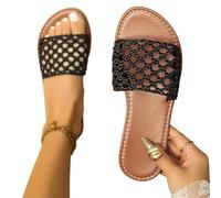 ZYAGH Women's Straw Slippers Chic Weaved Slide Sandals Woman Straw Plaited Flat Slippers Summer Round Toe Hollow Out Slip-on Shoes For Women(Black,40)