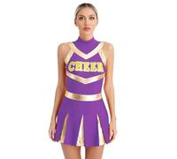ZYAYNG Cheerleader Costume Womens Shiny Cheerleading Uniform Cheer Dance Dress Costume Pleated Print Youthful Sexy Schoolgirl Squad Outfits(Purple,XXL)