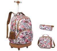 ZYAYNG Schoolbag with Wheels Children School Wheeled Backpack Trolley Bag Set Girls Rolling for Travel(Brown)