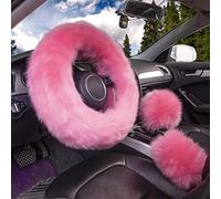 ZYCC 3Pcs Fuzzy Steering Wheel Cover,100% Australia Wool Winter Warm Fluffy Wheel Cover,Universal Thickening Warm Non-slip Auto Interior Accessories 38cm(Pink)