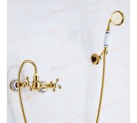 ZYCDP Bath Mixer taps with Shower Wall Mounted Shower Mixer Set Vintage Brass Hot Cold Gold