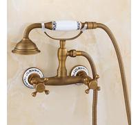 ZYCDP Shower Mixer Set Vintage Brass Wall Mounted Bath Mixer Taps Dual Lever with Shower Antique