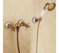 ZYCDP Shower Mixer Set Wall Mounted Retro Bath Mixer taps Double Cross Handle Brass Antique