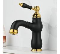 ZYCDP Vintage Bathroom Sink Mixer Tap 1 Hole Ceramic Lever Basin Taps with Pull Out Spray Black Short