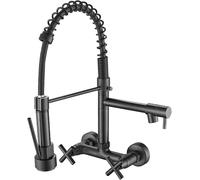ZYCHSJXA Black Wall Mount Kitchen Faucet with Dual Holes Pull Down Sprayer 360° Rotation Brass Construction Double Cross Knobs Hot Cold Water Mixer Tap