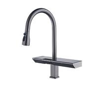 ZYCHSJXA Luxury Digital Display Brass Grey Kitchen Faucet Pull-Out Design Waterfall Water Outlet Single Handle Cold & Hot 2 Control Tap(Brushed Grey)