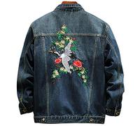 ZYCSKTL Jean jacket Denim Jacket Mens,Spring And Autumn Crane Embroidered Denim Jacket, Men's Plus Size Trend Jacket, Lapel Long Sleeve Vintage Denim Jacket (Color : Blue, Size : XXXXXXL)
