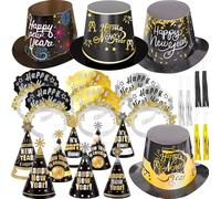 ZYDNANYANG New Year 2025 Party Hat, New Year's Eve, Pack of 6 Party Hats, 6 Pieces Triangular Pointed Hat, 12 Happy New Year Headband, Tiara, Horns, Hats, Blowout and Beads