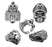 ZYEKIU 5 Pieces Men's Ring Skull Ring Men Rings Men Lion Head Adjustable Opening Design Various Styles Rings Silver Black Retro Style for Boy Punk Rapper Rock
