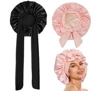 ZYEKIU Pack of 2 Silk Bonnet for Sleeping Long Hair Satin Hair Bonnet Sleeping Cap Protect Satin Bonnet Adjustable for Long Curly Hair Hair Sleeping Cap (Pink/Black)