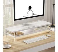 ZYFAB 2 Tiers wood Monitor Stand, Monitor Riser with Acrylic support Clear Computer Multi Media Desktop Stand TV Shelf Risers,White,70cm