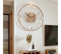 ZYFAB Vintage Wood Wall Clock, Transparent Acrylic Wall Clock Round Silent Wall Clock Battery Operated Non-Ticking Decorative Clock for Living Room Bedroom,F,35cm