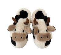 ZYFHYU Winter Warm Plush Slippers for Women Indoor Lovely Milk Cow Fuzzy Home Slipper Bedroom Non-slip Cute Fluffy Slides for Women(Brown-cow1,40-41)